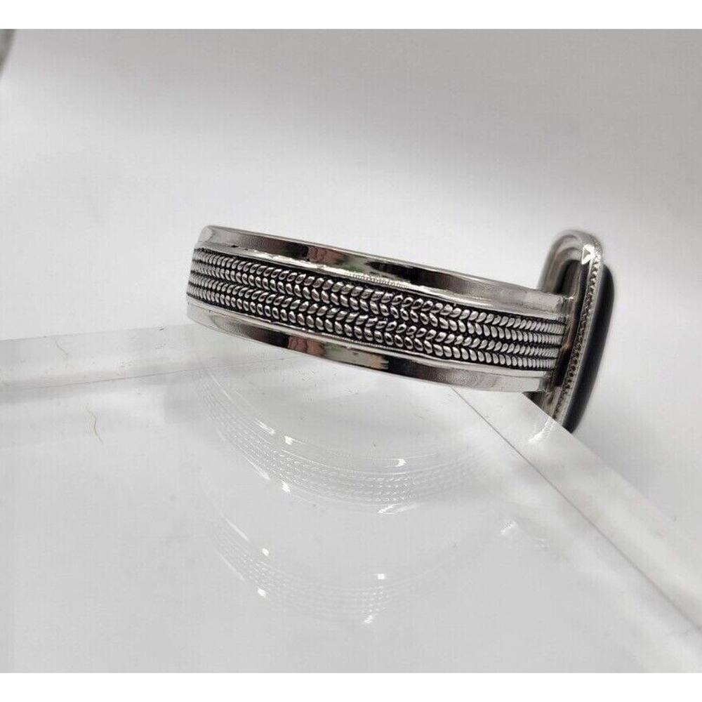 Sterling Silver, Rope-Edge, Bezel Set Black Chalcedony, Wide Cuff Bracelet 7" - Picture 6 of 11